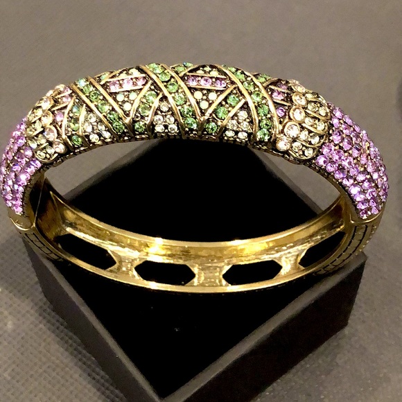 HEIDI DAUS Purple Green Criss Cross Design Swarovski Crystal Spring Hinge Bangle - Picture 8 of 17